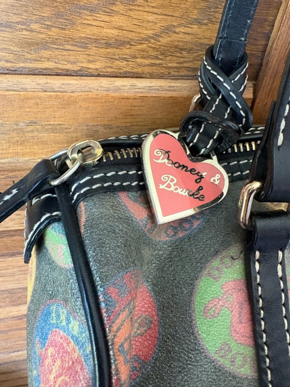 Dooney & Bourke Black/Multicolor Hearts/Letters Barrel Shoulder Bag Black Trim - Picture 2 of 13